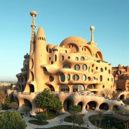 A large building in the style of Antoni Gaudí, showcasing his unique architectural elements, featuring curvy lines and organic shapes, designed with a futuristic aesthetic