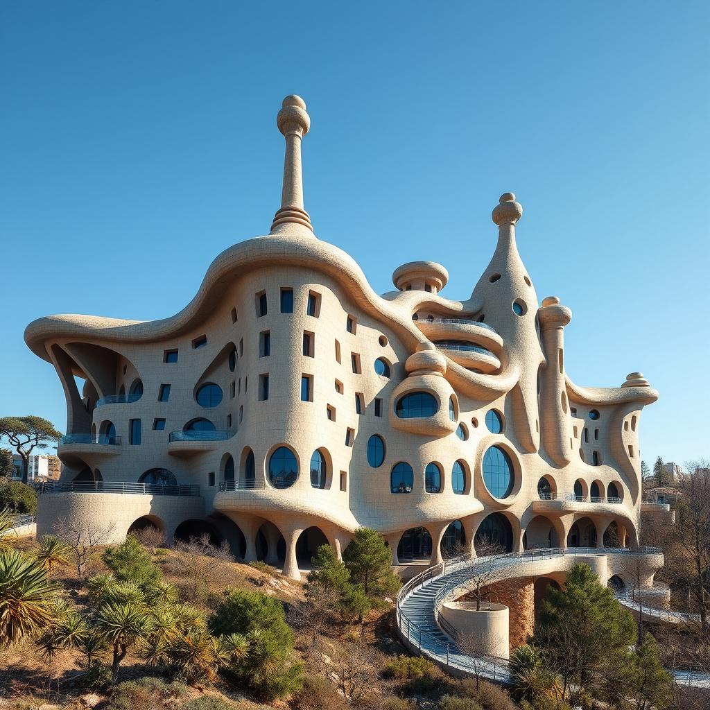 A large building in the style of Antoni Gaudí, showcasing his unique architectural elements, featuring curvy lines and organic shapes, designed with a futuristic aesthetic