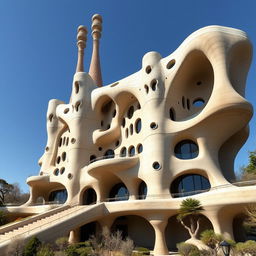 A large building in the style of Antoni Gaudí, showcasing his unique architectural elements, featuring curvy lines and organic shapes, designed with a futuristic aesthetic