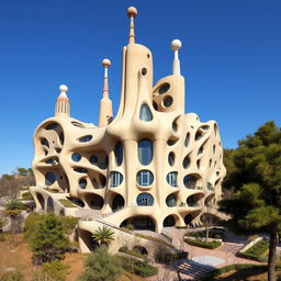A large building in the style of Antoni Gaudí, showcasing his unique architectural elements, featuring curvy lines and organic shapes, designed with a futuristic aesthetic