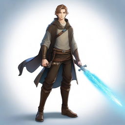 A high-resolution, full-body digital art image depicts a tall, slim, and strong teenage male with dark blond hair and bright blue eyes