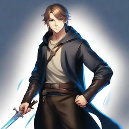 A high-resolution, full-body digital art image depicts a tall, slim, and strong teenage male with dark blond hair and bright blue eyes