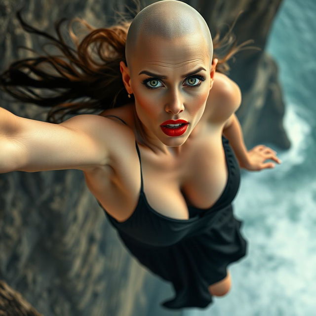 A strikingly beautiful bald lady with captivating green eyes and bold red lips, wearing a revealing black dress that appears to be falling off her as she tumbles down a cliff