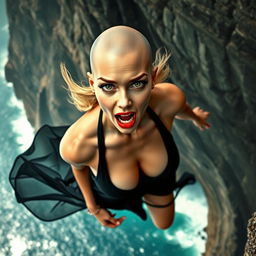 A strikingly beautiful bald lady with captivating green eyes and bold red lips, wearing a revealing black dress that appears to be falling off her as she tumbles down a cliff