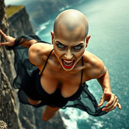 A strikingly beautiful bald lady with captivating green eyes and bold red lips, wearing a revealing black dress that appears to be falling off her as she tumbles down a cliff