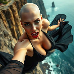 A strikingly beautiful bald lady with captivating green eyes and bold red lips, wearing a revealing black dress that appears to be falling off her as she tumbles down a cliff