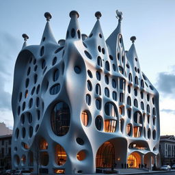 A large, futuristic building inspired by Gaudí's architectural style seen in Casa Batlló, featuring flowing, organic shapes reminiscent of nature