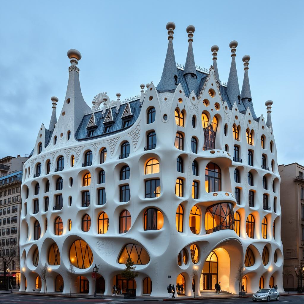 A large, futuristic building inspired by Gaudí's architectural style seen in Casa Batlló, featuring flowing, organic shapes reminiscent of nature