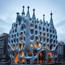 A large, futuristic building inspired by Gaudí's architectural style seen in Casa Batlló, featuring flowing, organic shapes reminiscent of nature