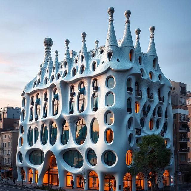 A large, futuristic building inspired by Gaudí's architectural style seen in Casa Batlló, featuring flowing, organic shapes reminiscent of nature