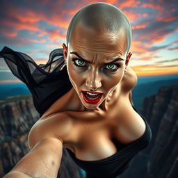 A stunning bald woman with striking green eyes and vivid red lips, wearing a revealing black dress that seems to be slipping off her body