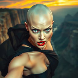 A stunning bald woman with striking green eyes and vivid red lips, wearing a revealing black dress that seems to be slipping off her body