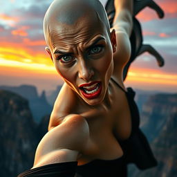 A stunning bald woman with striking green eyes and vivid red lips, wearing a revealing black dress that seems to be slipping off her body