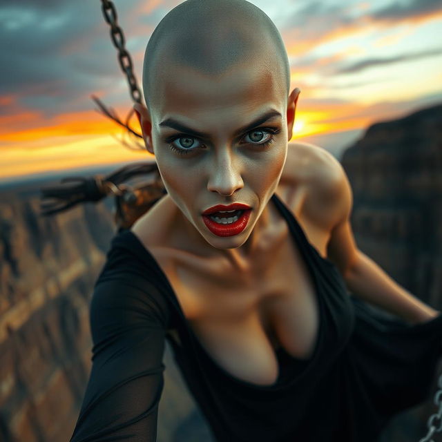 A stunning bald woman with striking green eyes and vivid red lips, wearing a revealing black dress that seems to be slipping off her body