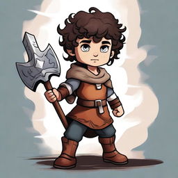 A high-quality digital art of a young Viking boy with dark curly hair