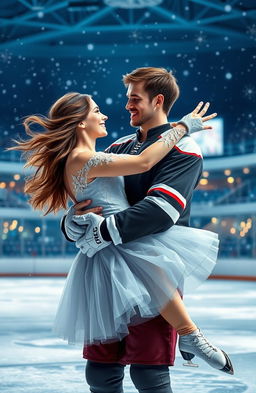 A romantic scene featuring a graceful figure skater in a stunning ice skater costume, being held in the strong arms of a hockey player dressed in a traditional hockey uniform, set in a beautifully illuminated ice rink