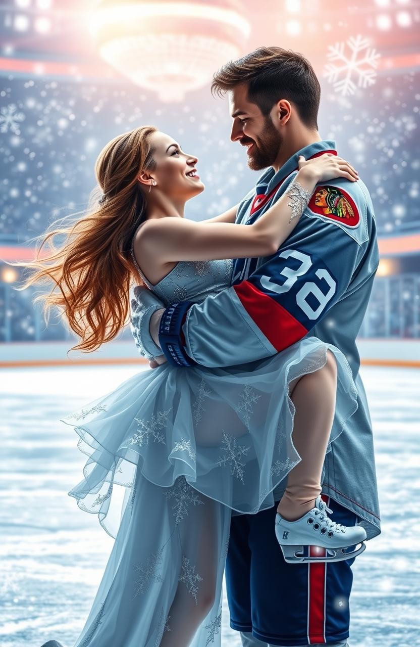 A romantic scene featuring a graceful figure skater in a stunning ice skater costume, being held in the strong arms of a hockey player dressed in a traditional hockey uniform, set in a beautifully illuminated ice rink