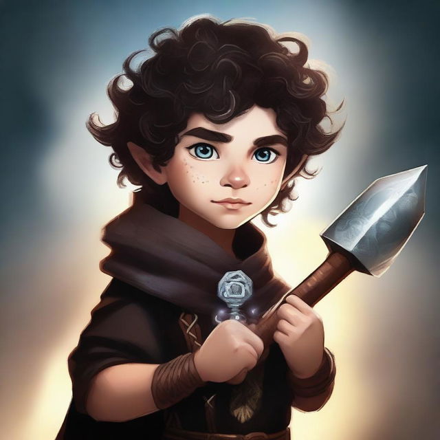 A high-quality digital art of a young Viking boy with dark curly hair