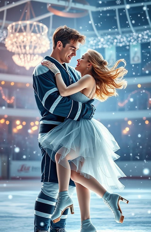 A romantic scene featuring a graceful figure skater in a stunning ice skater costume, being held in the strong arms of a hockey player dressed in a traditional hockey uniform, set in a beautifully illuminated ice rink