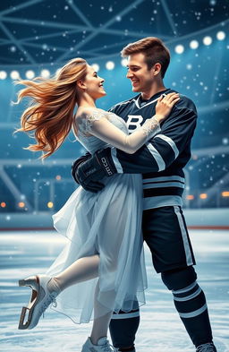 A romantic scene featuring a graceful figure skater in a stunning ice skater costume, being held in the strong arms of a hockey player dressed in a traditional hockey uniform, set in a beautifully illuminated ice rink