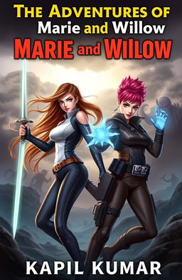 A dynamic book cover for 'The Adventures of Marie and Willow' by KAPIL KUMAR, showcasing two 18-year-old female protagonists