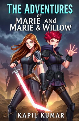 A dynamic book cover for 'The Adventures of Marie and Willow' by KAPIL KUMAR, showcasing two 18-year-old female protagonists