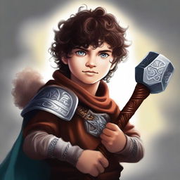 A high-quality digital art of a young Viking boy with dark curly hair