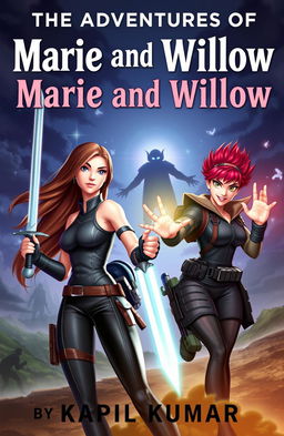 A dynamic book cover for 'The Adventures of Marie and Willow' by KAPIL KUMAR, showcasing two 18-year-old female protagonists