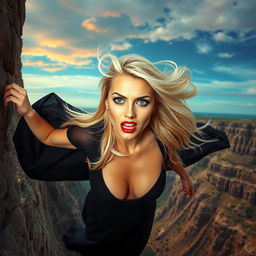 A beautiful blonde lady with striking green eyes and luscious red lips, wearing a revealing black dress that is dramatically flowing as she falls off a cliff