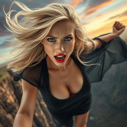 A beautiful blonde lady with striking green eyes and luscious red lips, wearing a revealing black dress that is dramatically flowing as she falls off a cliff