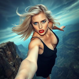 A beautiful blonde lady with striking green eyes and luscious red lips, wearing a revealing black dress that is dramatically flowing as she falls off a cliff