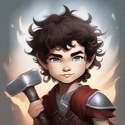 A high-quality digital art of a young Viking boy with dark curly hair