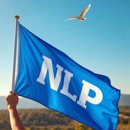 A serene scene featuring a person waving a bright blue flag, with the letters 'NLP' embossed in white against the vivid blue background