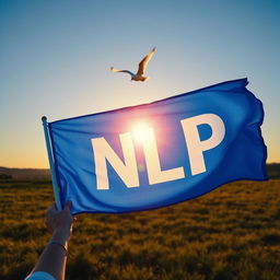 A serene scene featuring a person waving a bright blue flag, with the letters 'NLP' embossed in white against the vivid blue background