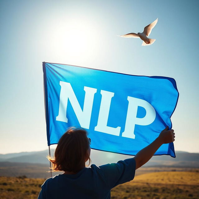 A serene scene featuring a person waving a bright blue flag, with the letters 'NLP' embossed in white against the vivid blue background