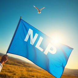 A serene scene featuring a person waving a bright blue flag, with the letters 'NLP' embossed in white against the vivid blue background