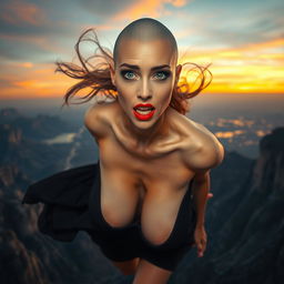 A beautiful bald woman with striking green eyes and bold red lips is depicted in a moment of peril as she is falling off a cliff
