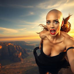 A beautiful bald woman with striking green eyes and bold red lips is depicted in a moment of peril as she is falling off a cliff