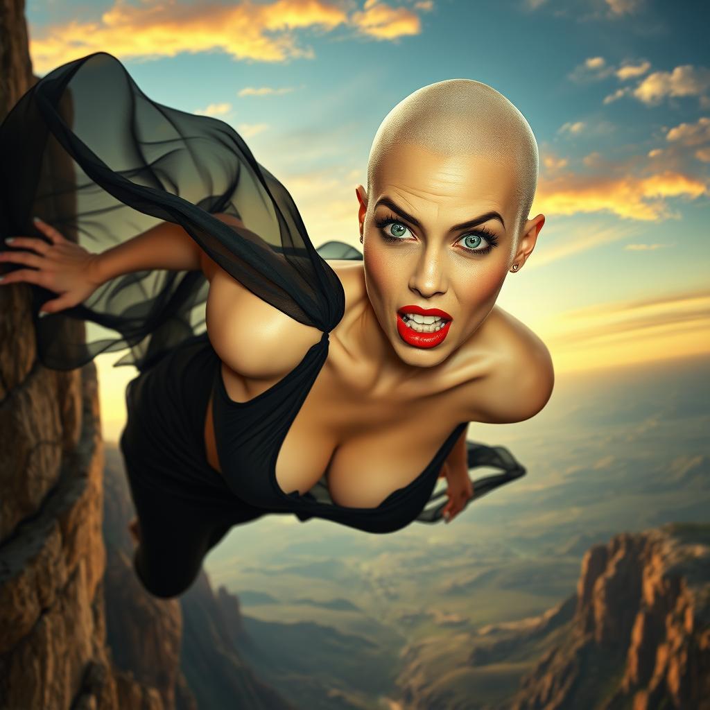 A beautiful bald woman with striking green eyes and bold red lips is depicted in a moment of peril as she is falling off a cliff
