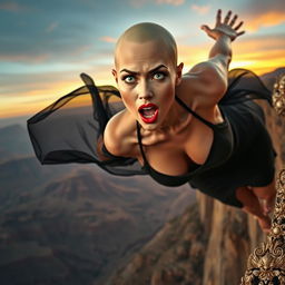 A beautiful bald woman with striking green eyes and bold red lips is depicted in a moment of peril as she is falling off a cliff