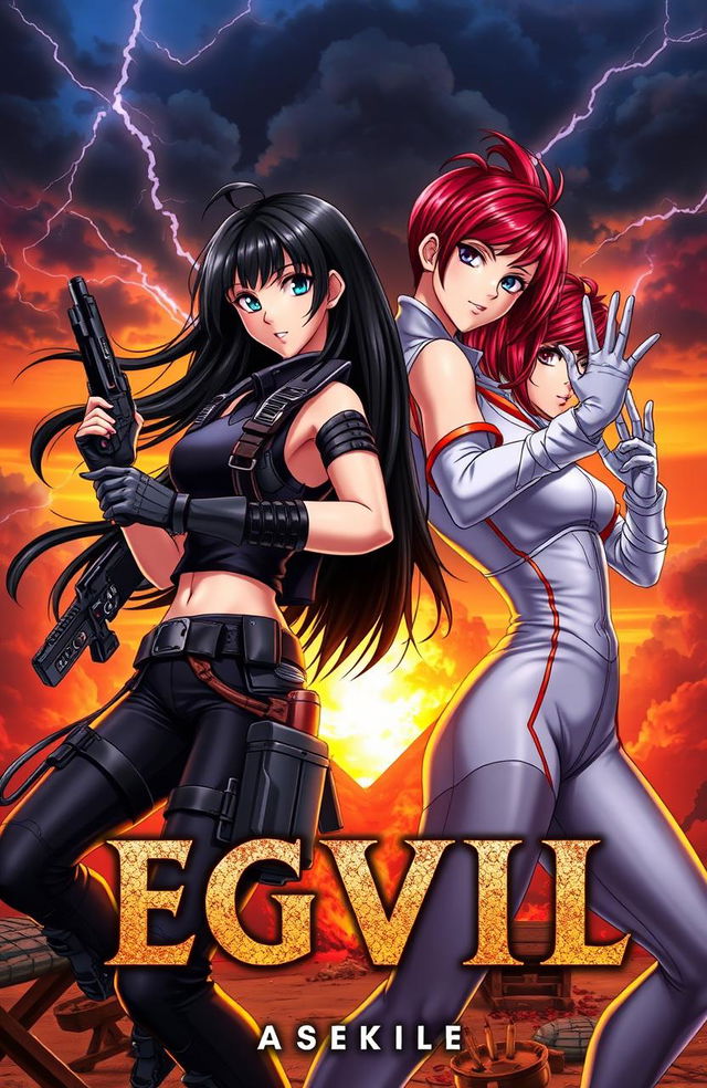 A dynamic and captivating book cover featuring two attractive female protagonists, both aged 18, in a heroic pose ready to fight evil