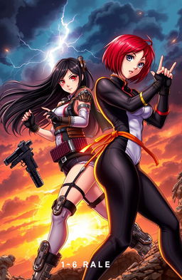 A dynamic and captivating book cover featuring two attractive female protagonists, both aged 18, in a heroic pose ready to fight evil