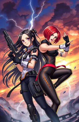 A dynamic and captivating book cover featuring two attractive female protagonists, both aged 18, in a heroic pose ready to fight evil