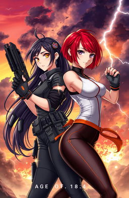 A dynamic and captivating book cover featuring two attractive female protagonists, both aged 18, in a heroic pose ready to fight evil