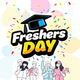 A vibrant and colorful logo design for a Freshers Day event, featuring elements like graduation caps, confetti, and cheerful typography