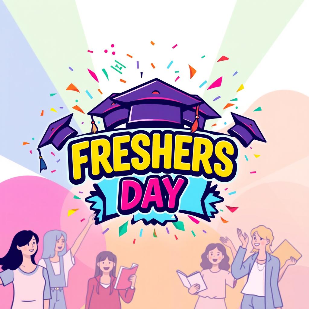 A vibrant and colorful logo design for a Freshers Day event, featuring elements like graduation caps, confetti, and cheerful typography