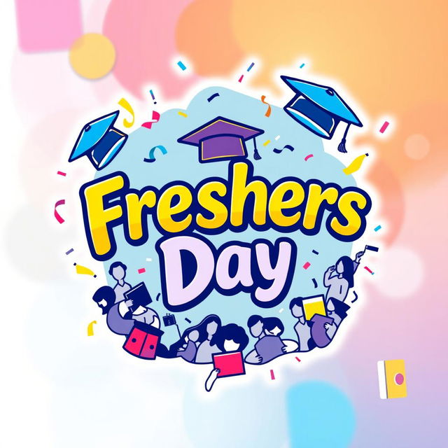 A vibrant and colorful logo design for a Freshers Day event, featuring elements like graduation caps, confetti, and cheerful typography