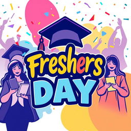 A vibrant and colorful logo design for a Freshers Day event, featuring elements like graduation caps, confetti, and cheerful typography