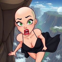 A beautiful cartoon lady with a bald head, vivid green eyes, and striking red lips, wearing a revealing black dress