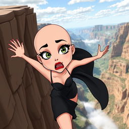 A beautiful cartoon lady with a bald head, vivid green eyes, and striking red lips, wearing a revealing black dress
